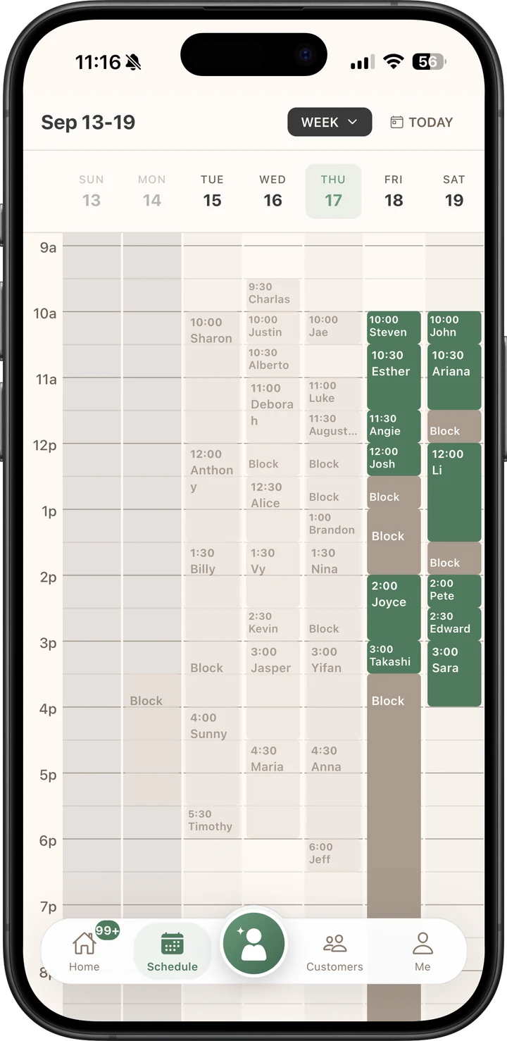 The Slott app on iPhone: this week's schedule, filled with booked appointments