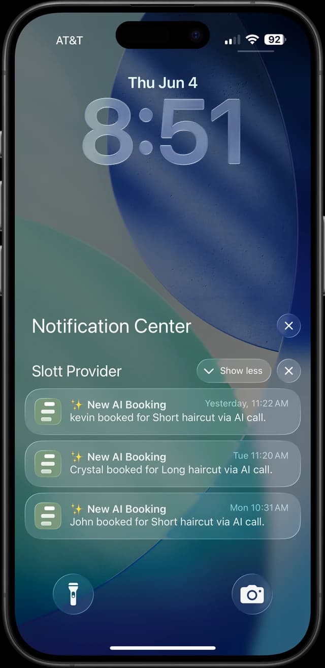 iPhone notification center showing new AI bookings from Slott