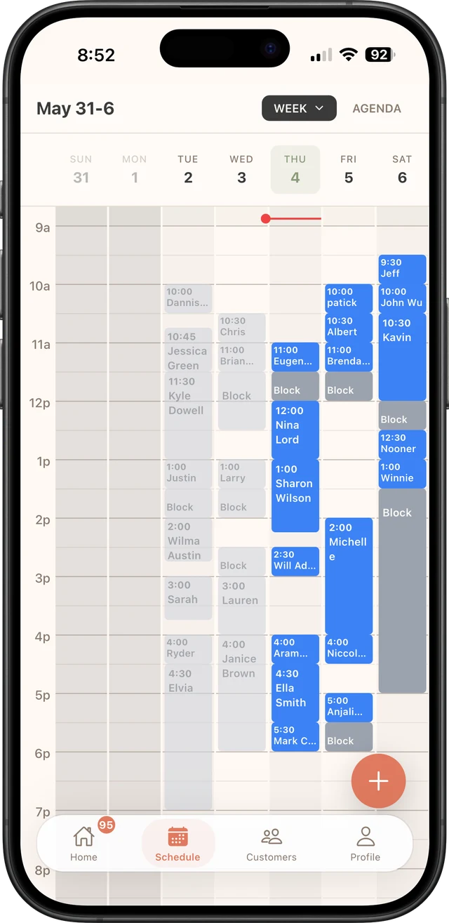 Slott weekly schedule on iPhone, packed with grouped appointments